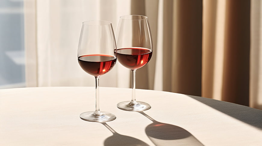Two glasses of red wine on a white table with sunlight