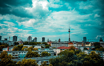 Berlin Skyline with Fernsehturm Tower and Dramatic Clouds