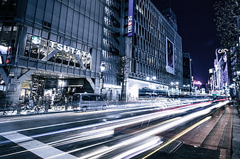 Night traffic light trails in Tokyo Shibuya cityscape