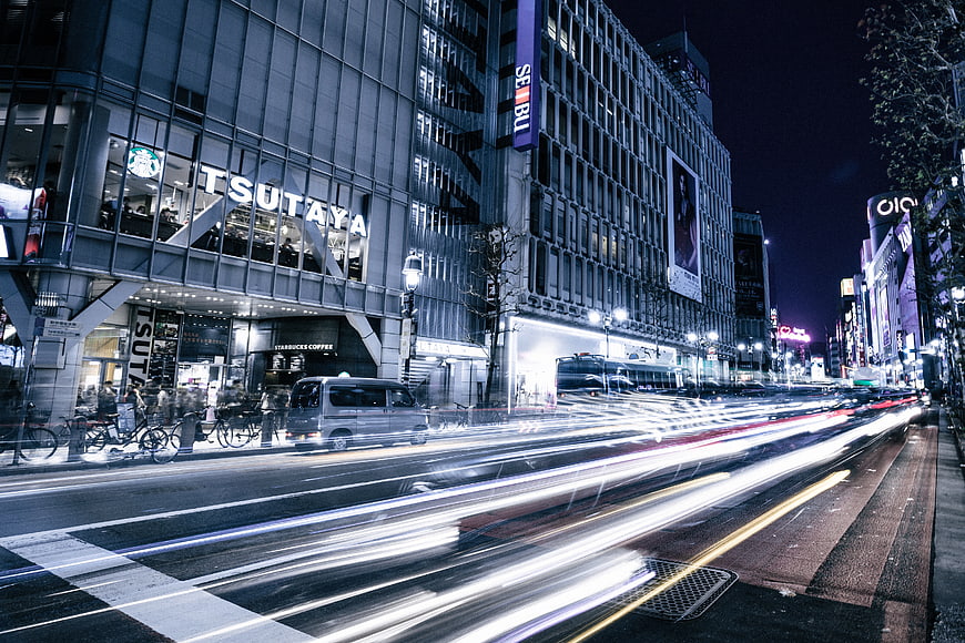 Night traffic light trails in Tokyo Shibuya cityscape