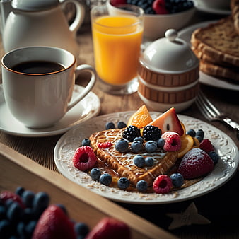 Delicious waffle with fresh berries, coffee, and orange juice
