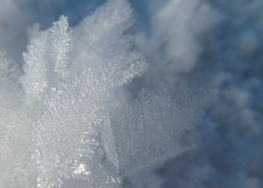 Macro Close-Up of Intricate Ice Crystals on Blue Background