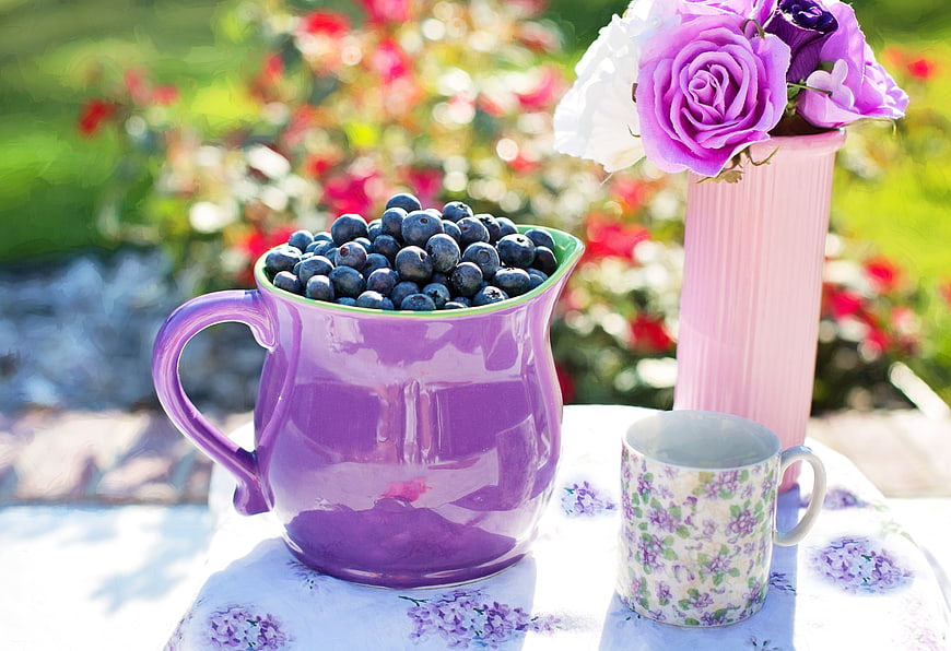 Fresh Blueberries in Purple Pitcher with Garden Flowers