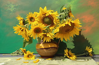 Vibrant Sunflowers in Ceramic Vase Against Green Background