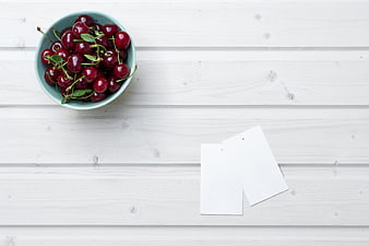 Top View of Fresh Cherries in Bowl with Blank Tags
