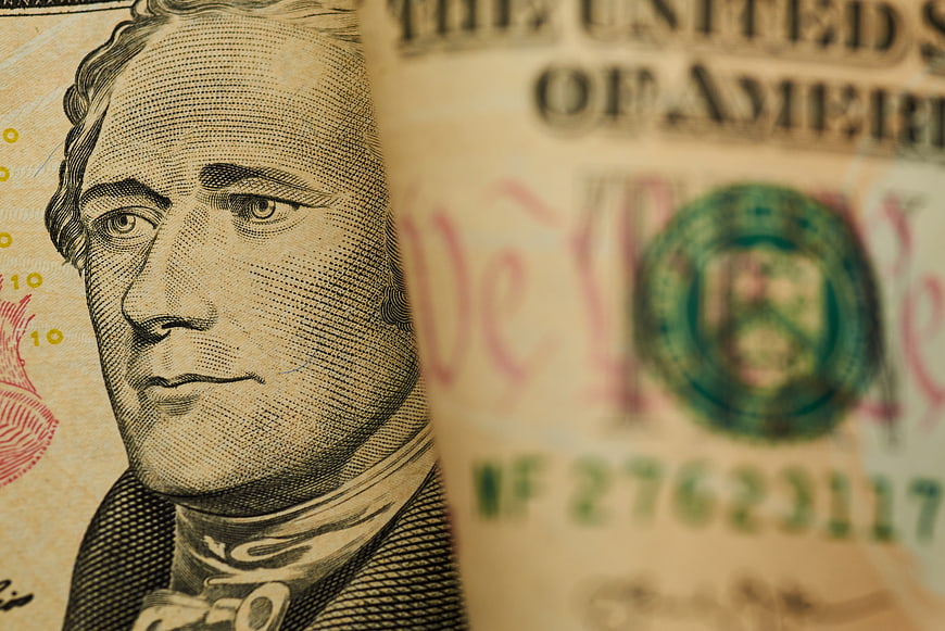 Close-up of Alexander Hamilton on US Ten Dollar Bill