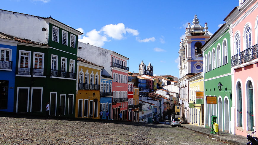 Colorful colonial buildings on cobblestone street in Pelourinho, Salvador, Brazil