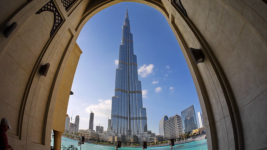 Burj Khalifa View Through Archway in Dubai