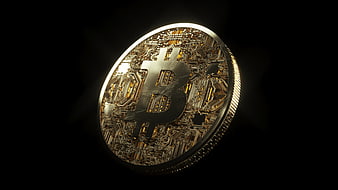 Gold Bitcoin Coin With Circuit Board Design On Black Background
