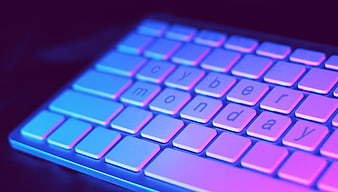 Cyber Monday Keyboard Close-Up With Neon Blue And Purple Lighting