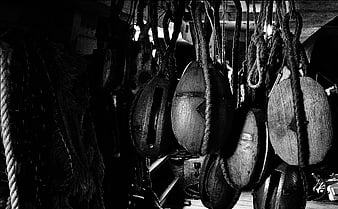 Vintage Wooden Boat Pulleys and Ropes in Black and White
