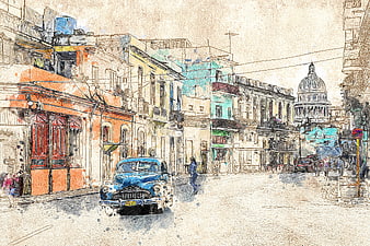 Artistic sketch of Havana street with classic blue car and Capitolio