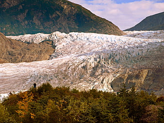 Majestic Glacier Landscape with Foreground Hikers and Mountains