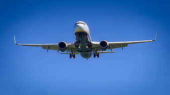 Commercial Airplane Landing Against Blue Sky