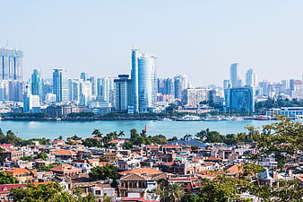 Xiamen City Skyline View From Gulangyu Island Across The Sea