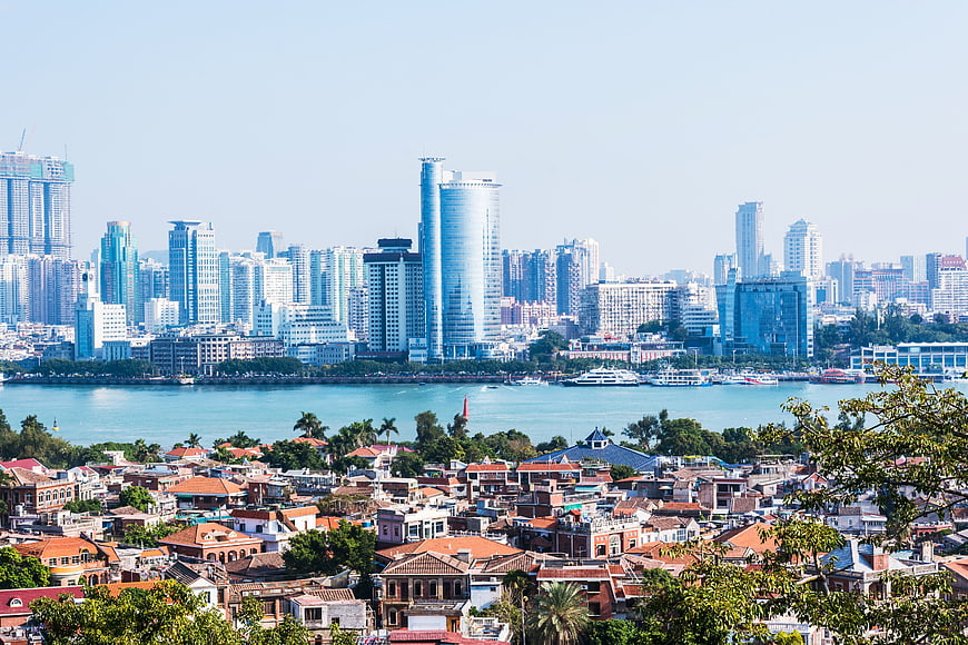 Xiamen City Skyline View From Gulangyu Island Across The Sea