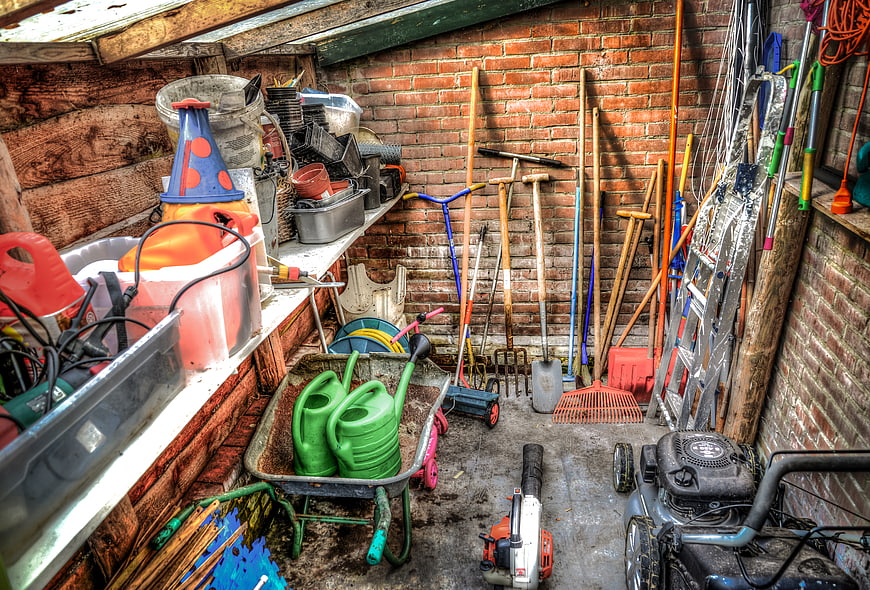 Cluttered Garden Shed with Tools and Equipment