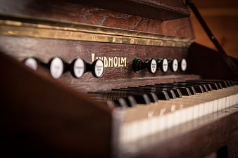 Close-up of vintage Lindholm harmonium keyboard