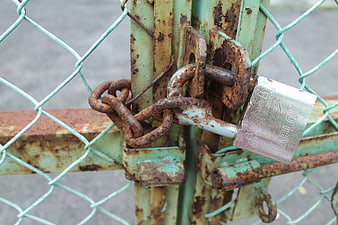Rusty Chain and Padlock Securing a Weathered Green Metal Gate