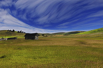 Rustic wooden cabin in rolling green hills under dramatic blue sky