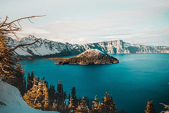 Winter View of Wizard Island in Crater Lake National Park