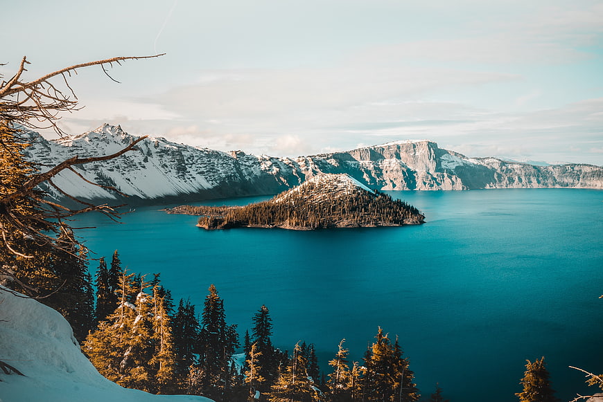 Winter View of Wizard Island in Crater Lake National Park