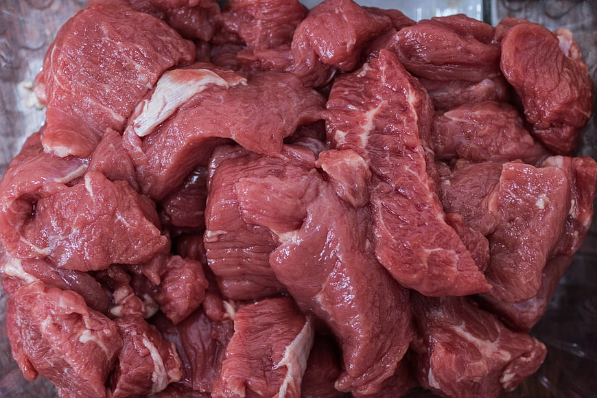Raw Red Meat Chunks Close Up