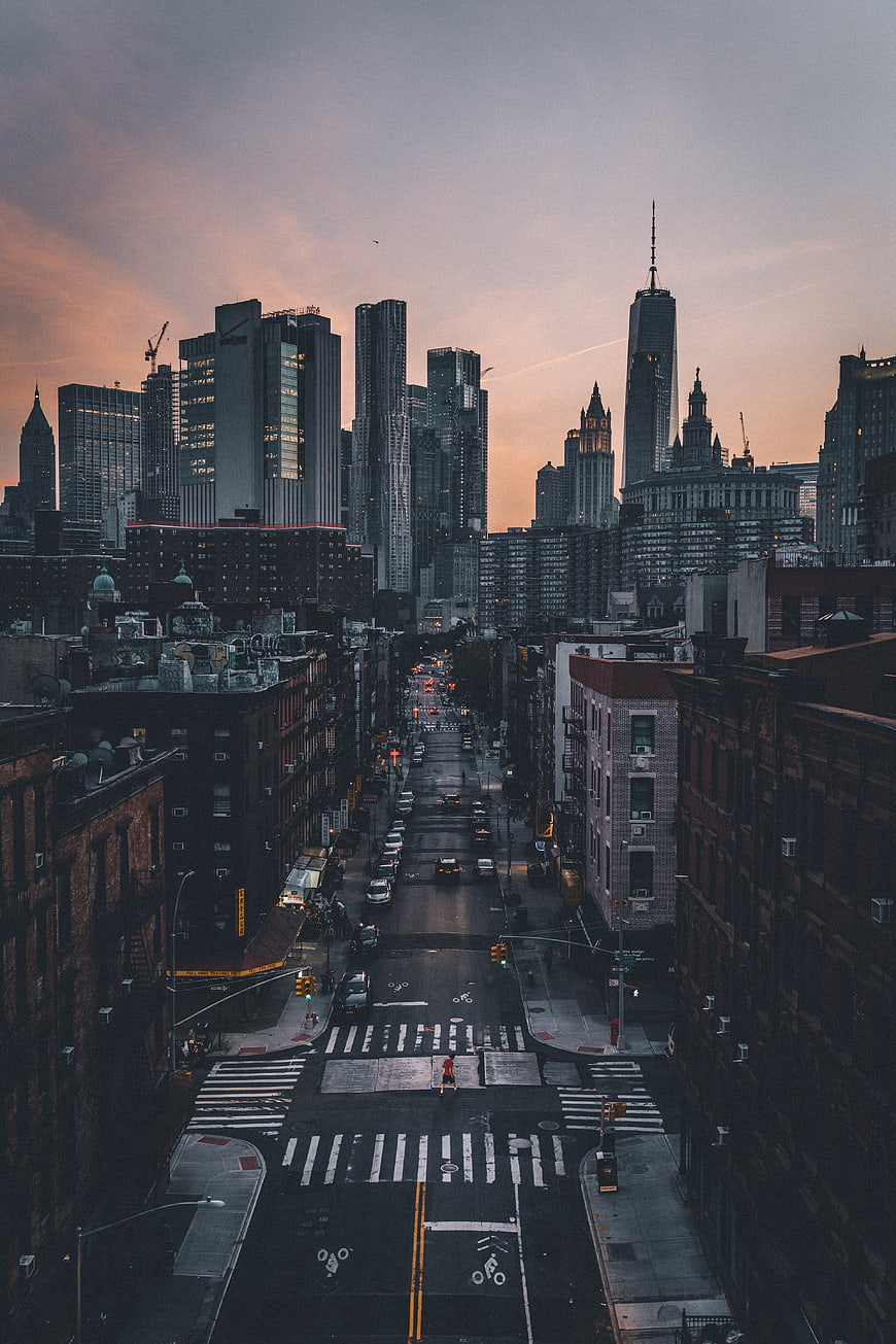 New York City Skyline at Dusk with Street Perspective