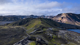 Aerial View of Icelandic Volcanic Landscape with Crater and Mountains