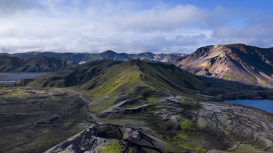Aerial View of Icelandic Volcanic Landscape with Crater and Mountains