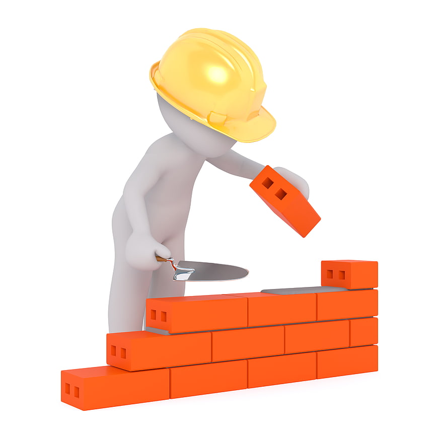 3D Construction Worker Building Orange Brick Wall