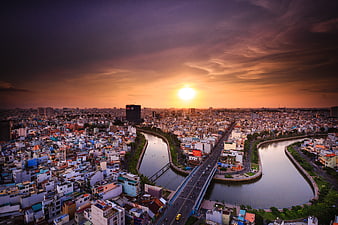 Aerial View of Ho Chi Minh City Sunset Over River