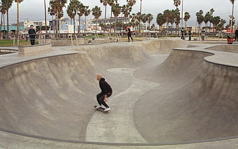 Skateboarder riding concrete bowl at Venice Beach skatepark