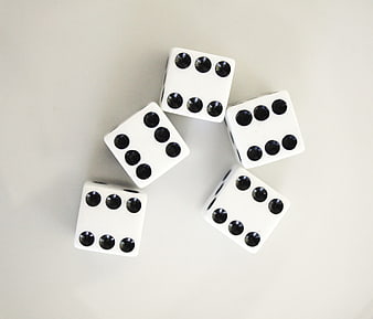 Five white dice showing sixes on a white background