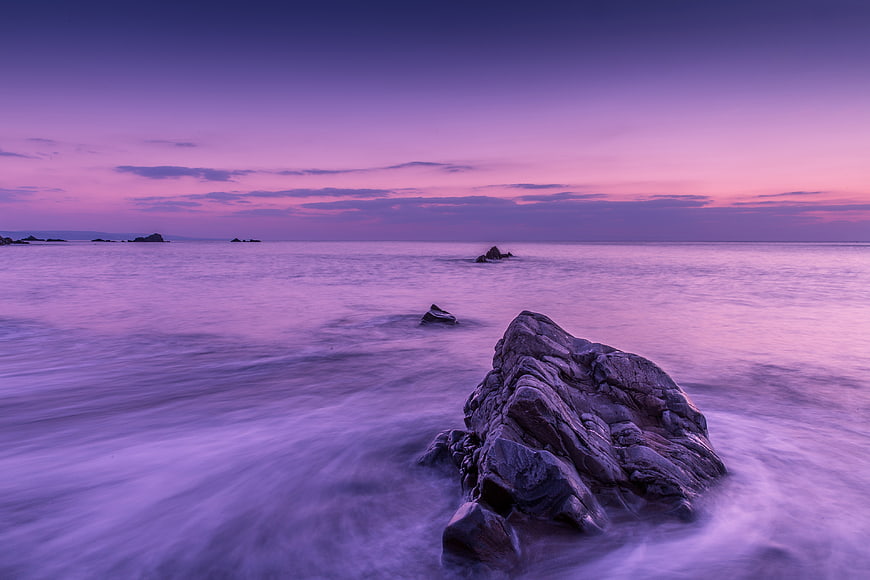 Purple Sunset Coastal Rocks Long Exposure Seaside Landscape