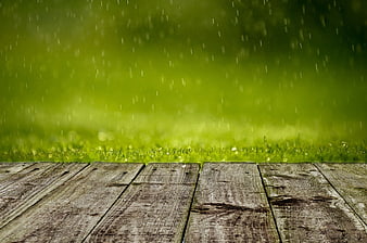 Wooden Table Surface with Rainy Green Grass Background