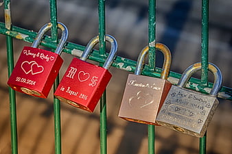 Engraved Love Locks on Green Metal Fence