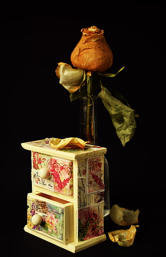 Vintage miniature cabinet with dried rose on black background