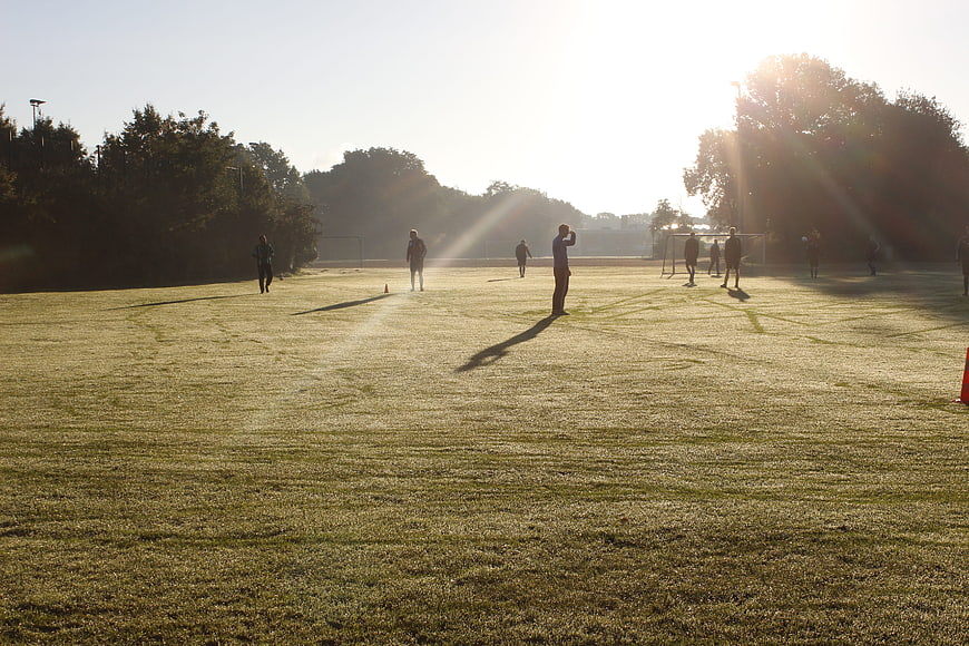 Soccer players training on grassy field at sunrise
