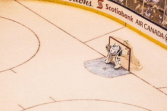 High Angle View of Ice Hockey Goalie in Net