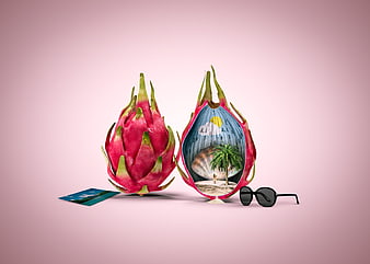 Creative Dragon Fruit Concept with Tropical Beach Scene Inside