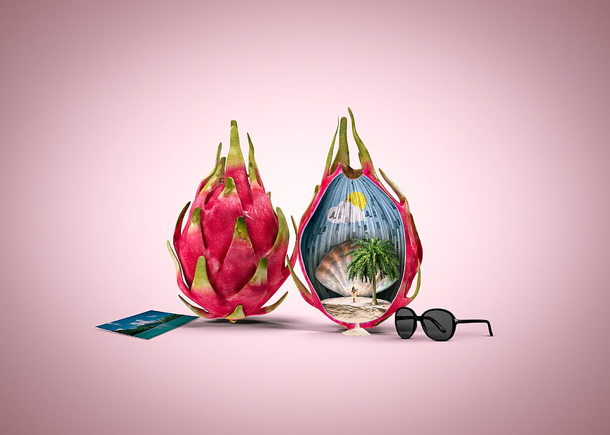 Creative Dragon Fruit Concept with Tropical Beach Scene Inside