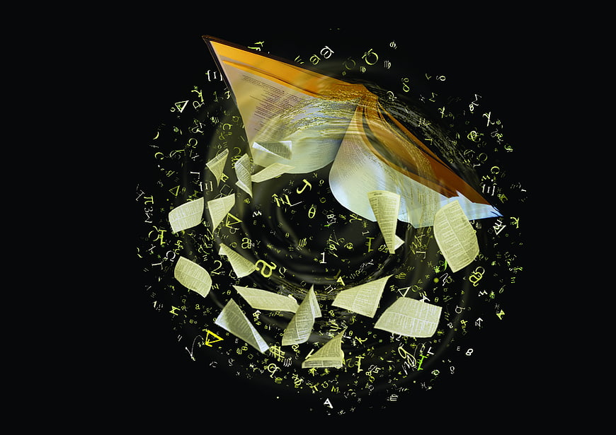 Abstract swirling book pages with glowing text symbols