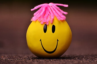 Yellow Smiley Ball with Pink Yarn Hair