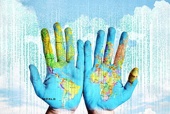 Hands with World Map and Digital Code Overlay