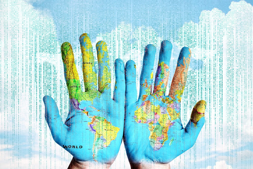 Hands with World Map and Digital Code Overlay