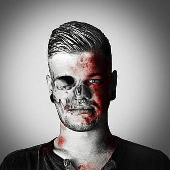 Zombie Man Portrait With Skull Makeup And Blood Splatter