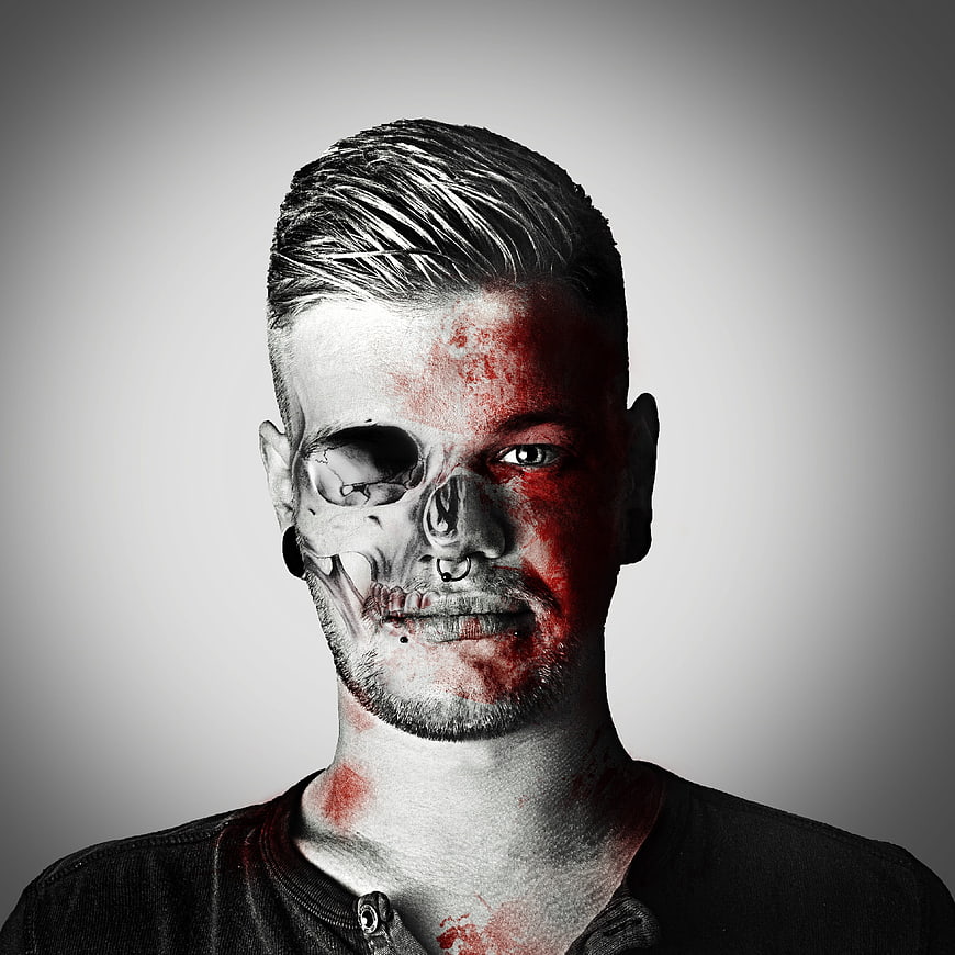 Zombie Man Portrait With Skull Makeup And Blood Splatter