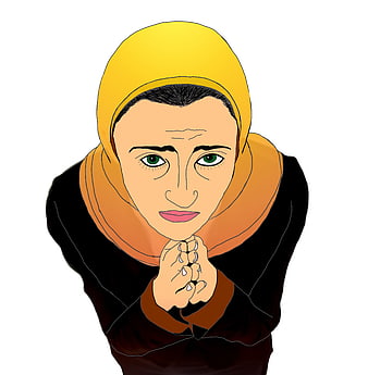 Illustration of woman in hijab with hands clasped in prayer or apology