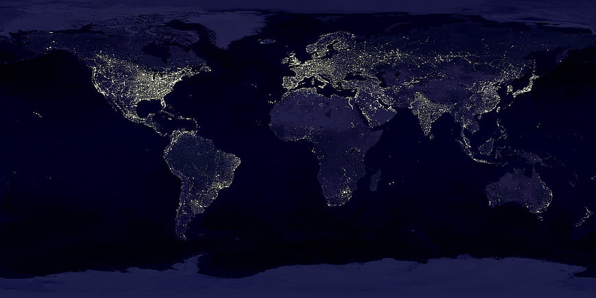 World Map at Night with City Lights from Space